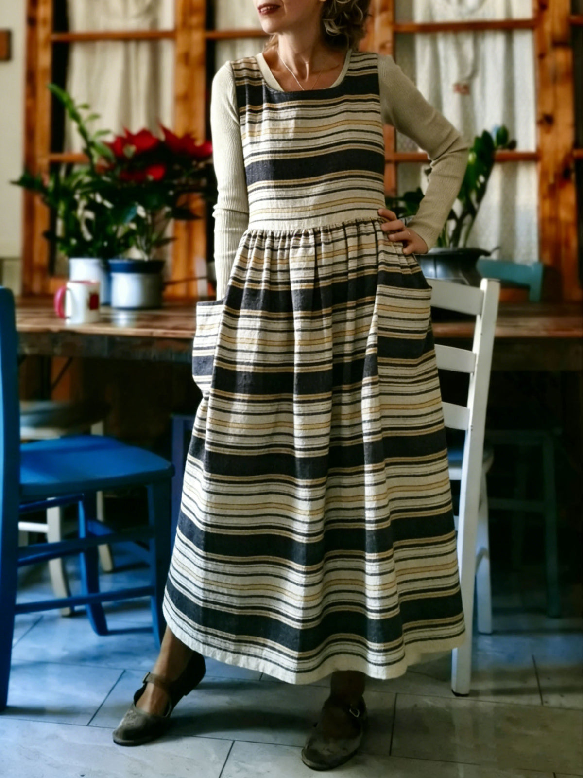 Neutral Striped Pinafore Apron