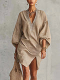 Textured Linen Blend Mini Dress With Embellished V-Neckline