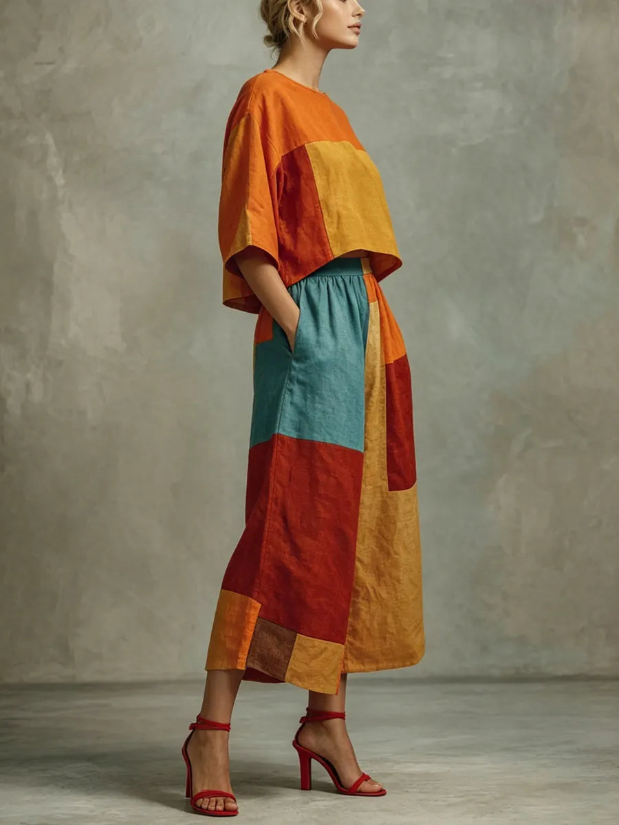 Women's Casual Cotton-linen Colorblock Set