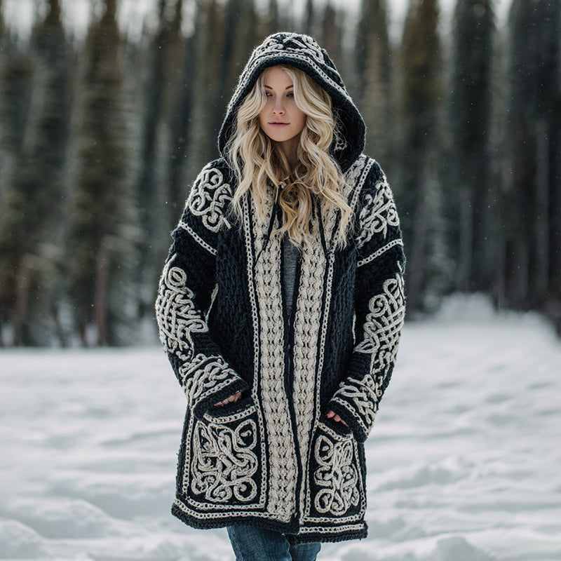 Women's Viking Celtic Knot Cozy Warm Knit Hooded Jacket