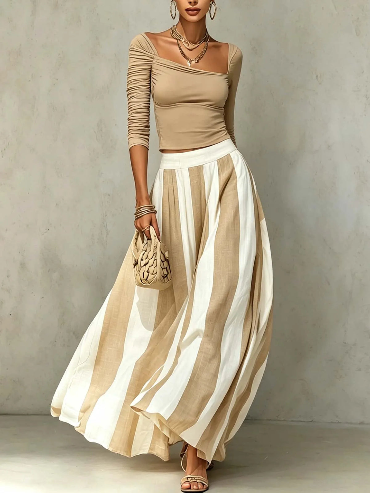 Beige And White Ruched Top And Striped Maxi Skirt Set
