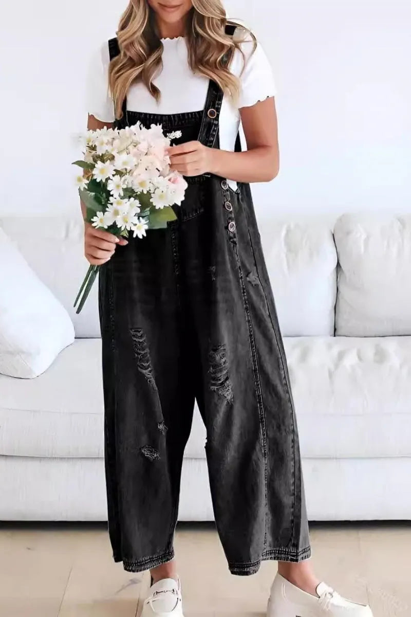 Women's Casual Adjustable Straps Denim Bib Overalls Distressed Ripped Wide Leg Jeans Long Pants Jumpsuits