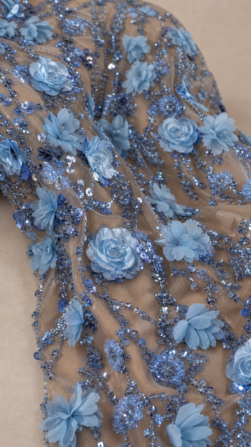 Strapless 3D Floral Applique Sequin Tulle Evening Gown