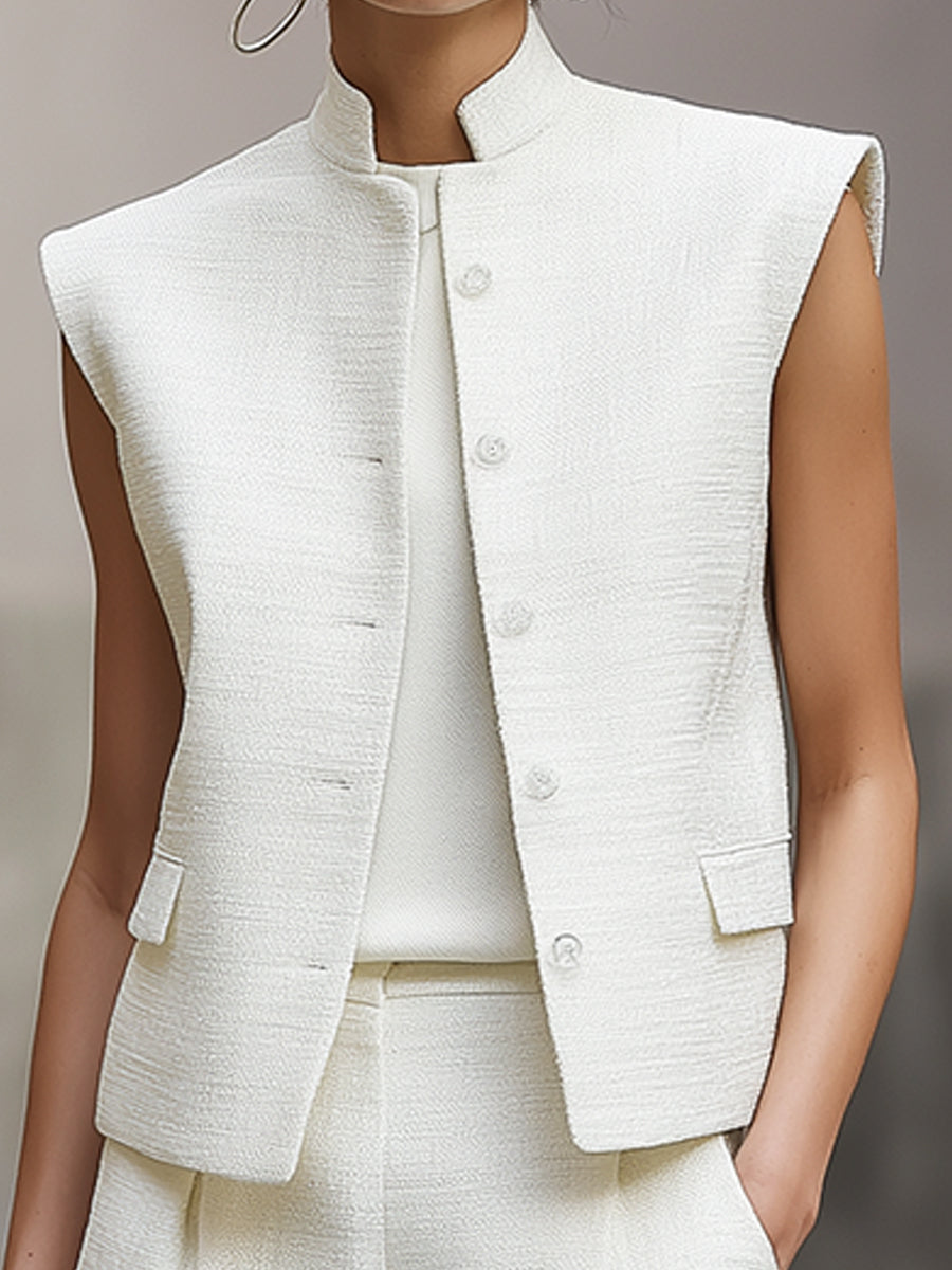 Minimalist Structured Sleeveless Mandarin Collar Vest And Wide-Leg Cropped Pants Set
