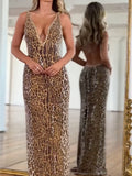 Leopard Sequinned Beaded Sleeveless Spaghetti-Neck Evening Maxi Dresses