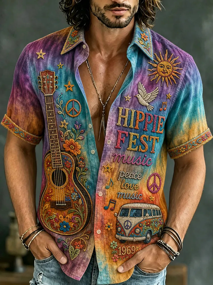Men's Retro Bohemian Hippie Style Floral  Print Short-sleeve Shirt