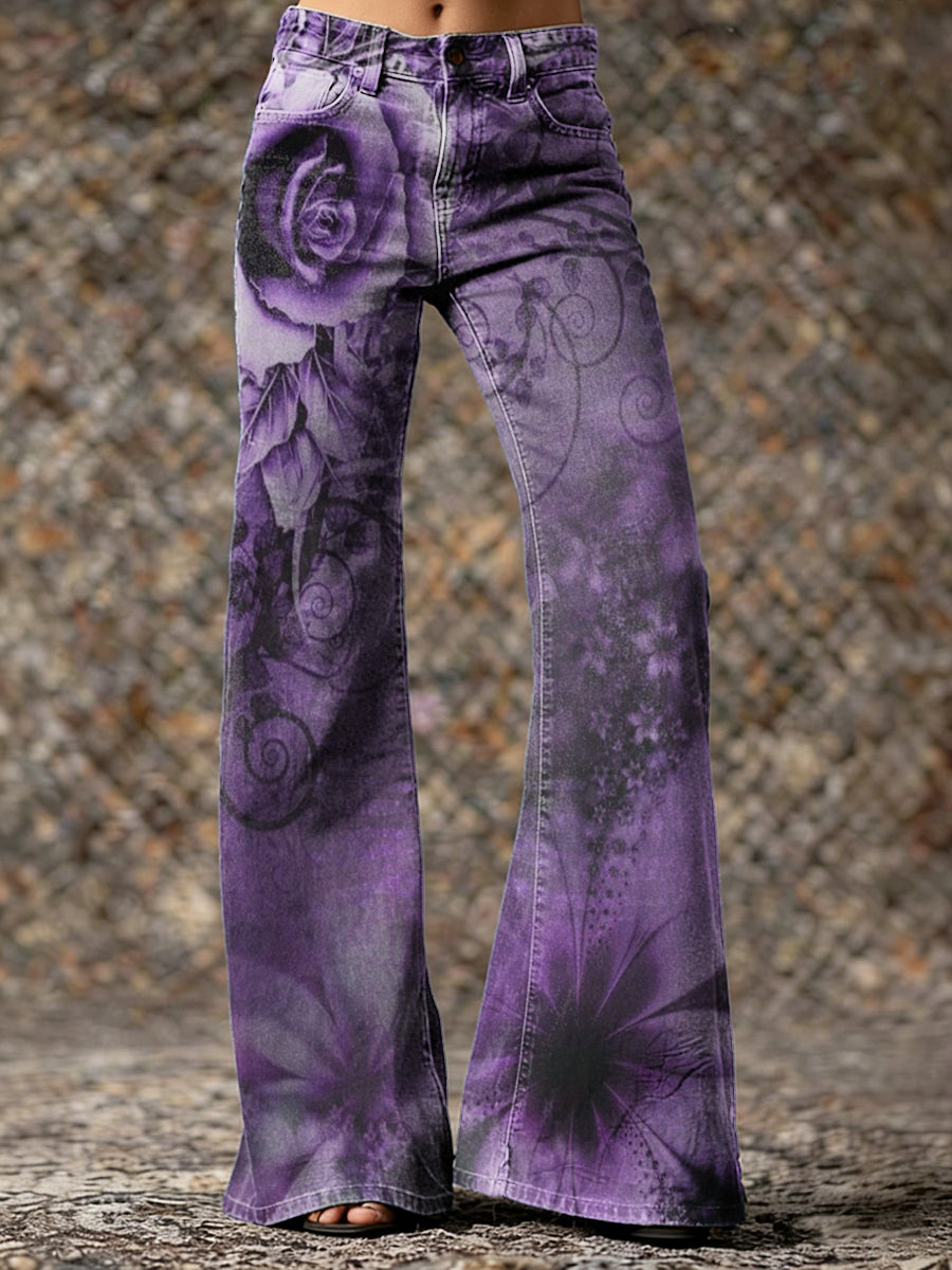 Women's Vintage Purple Floral Hippie Art Prints Casual  Flared Pants