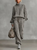 Women's Casual Cable Knit Turtleneck Sweater Cargo Pants Set MDA0958I2Y