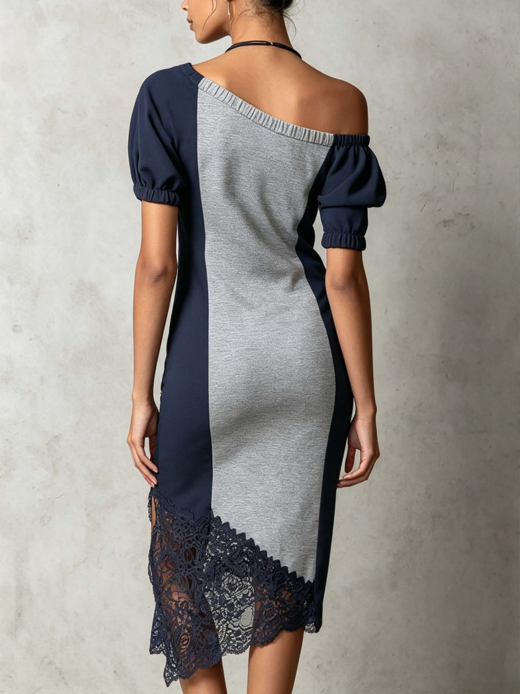 Gray Color Block One Shoulder Bodycon Midi Dress With Lace Trim