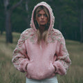 Women's Pink Flower Embroidery Art Long Sleeve Hoodie Sweater
