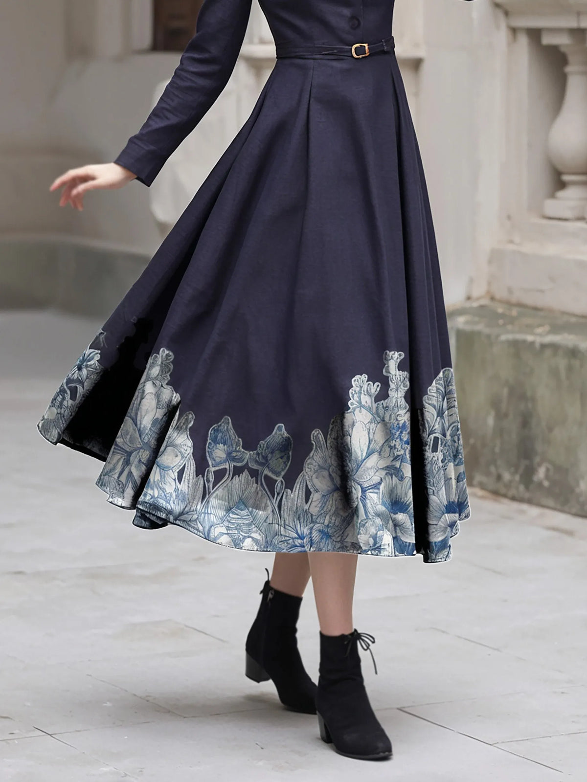 Midi Cotton Dress, Long Sleeves, Stand Collar, Floral, Button Design, Vintage, Deep Purple