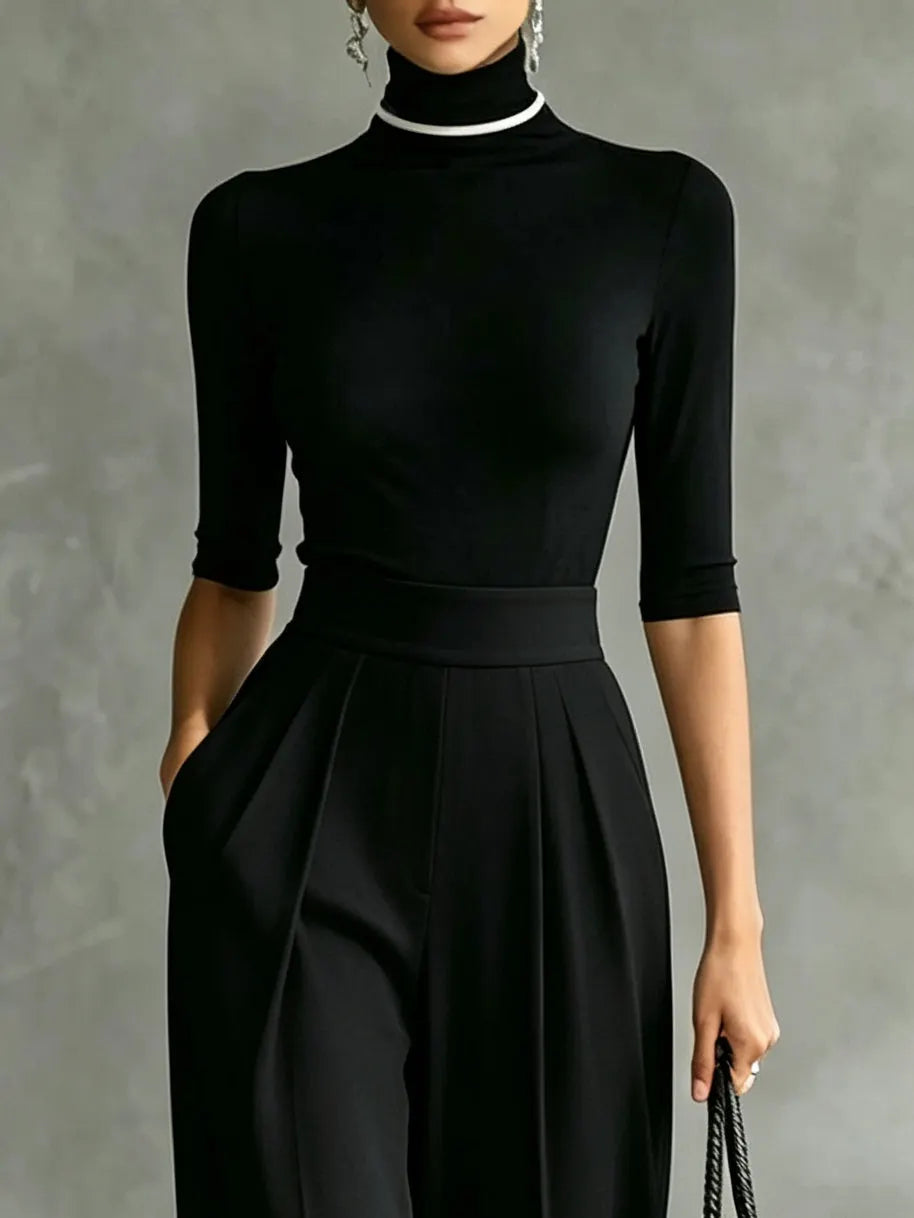 White Trim High-neck Mid-sleeved Black Top With Black Wide-leg Pants Set