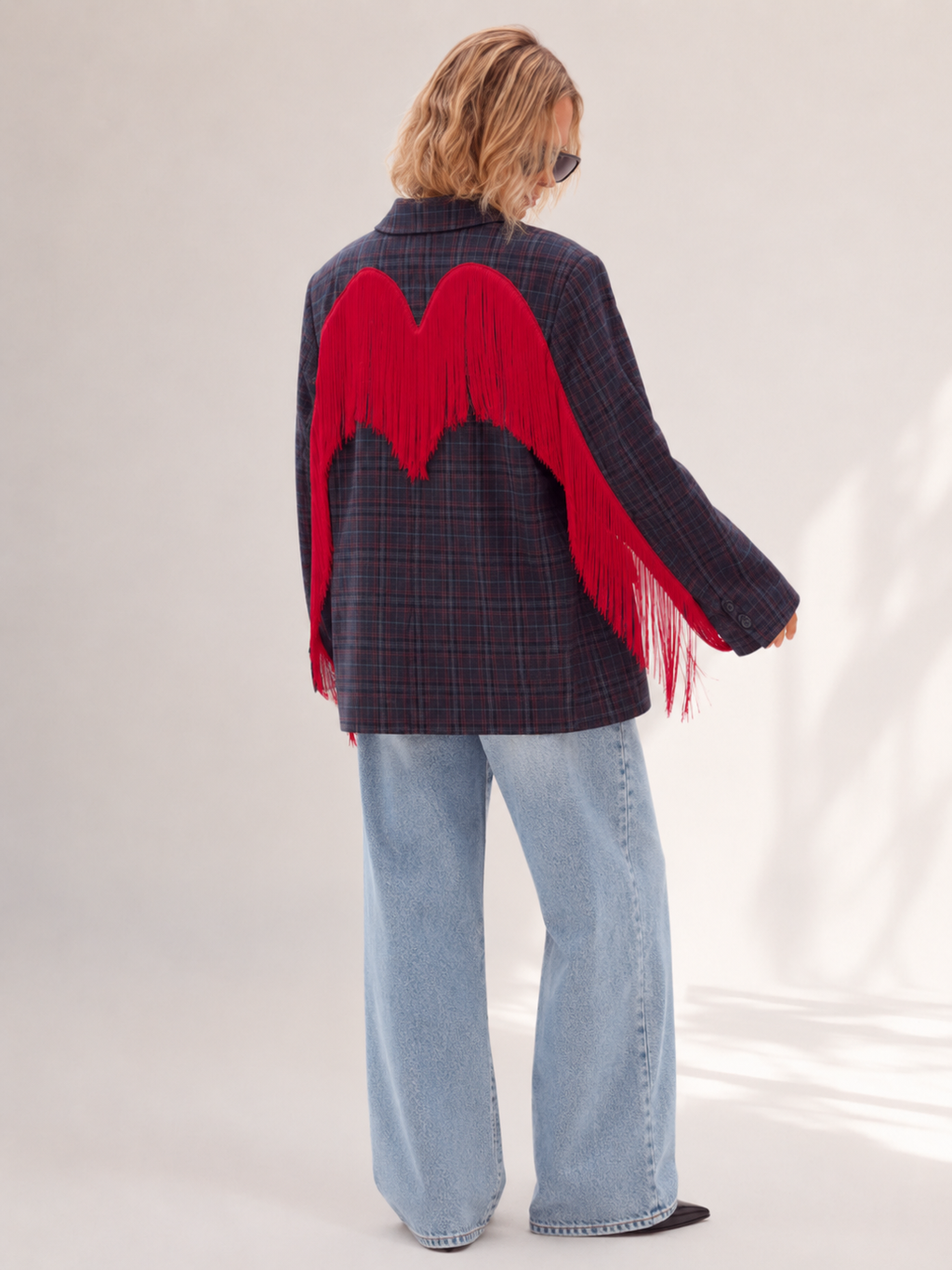 Western Red Fringe Plaid Oversized Blazer Jacket