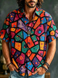 Retro Abstract Geometric Print Shirt Men Psychedelic Boho Short Sleeve Casual Camp Shirt