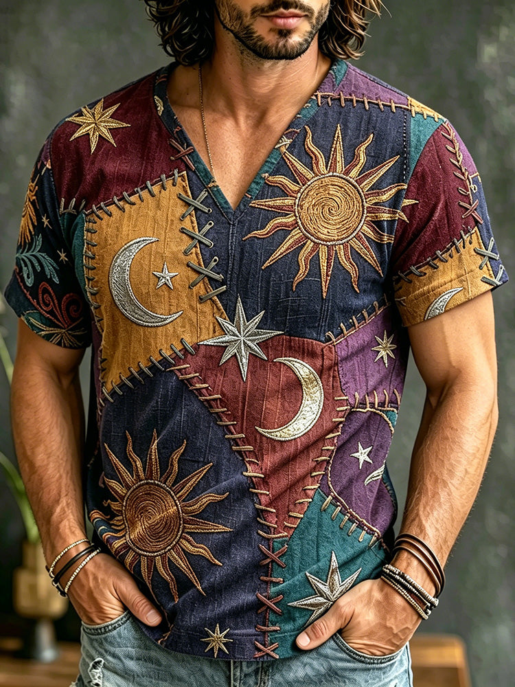 Men's Hippie Sun Art Geometric Patchwork Print Casual V Neck T-shirt