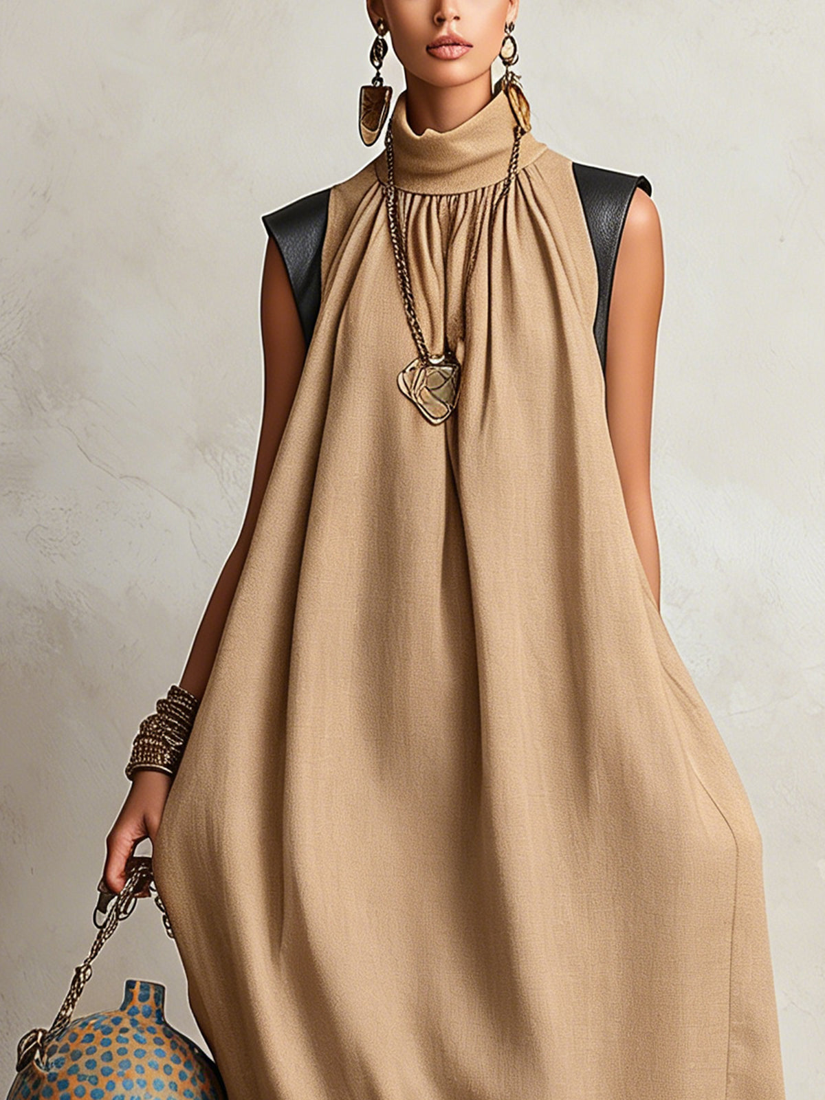 Camel High Neck Sleeveless Maxi Dress With Gathered Hem And Contrast Shoulder Detail