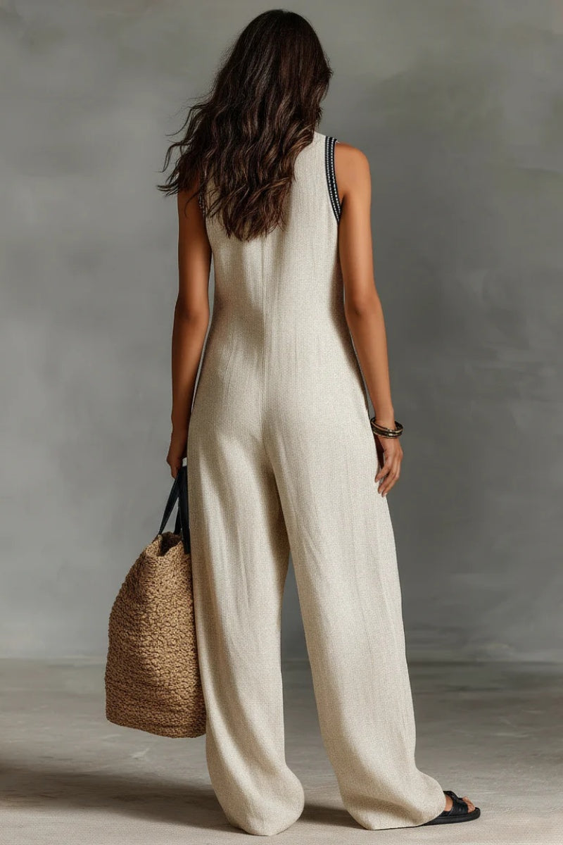 Women’s Linen Blend Sleeveless V-Neck Wide Leg Jumpsuit