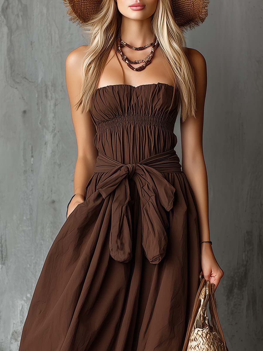Elegant Retro Vacation-Style Strapless Brown Cotton Maxi Dress