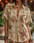 Women's Summer Vacation Star and Moon Theme Embroidered Linen Shirt 7508