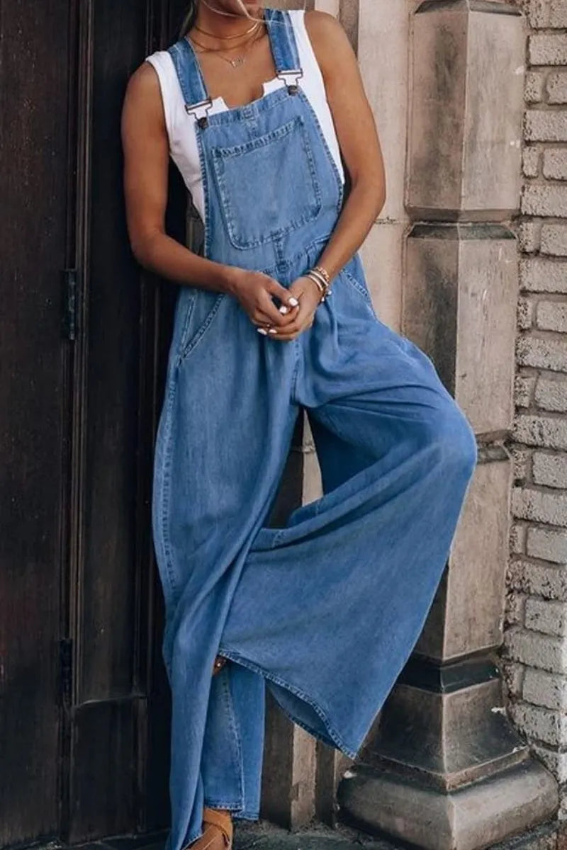 Women's Loose Adjustable Strap Wide Leg Denim Bib Overall Jeans Pants