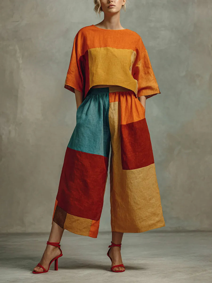 Women's Casual Cotton-linen Colorblock Set