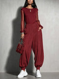 Wine Red Mesh Sleeve Pinstripe Harem Jumpsuit