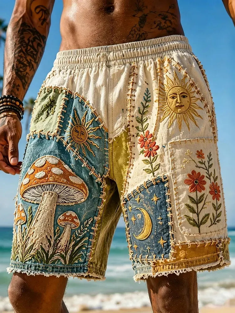 Men's Mushrooms Sun And Moon Geometric Patchwork Mystical Hippie Art Print Vacation Style Casual Shorts