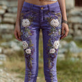 Vintage White Roses Embroidered Purple Skinny Jeans