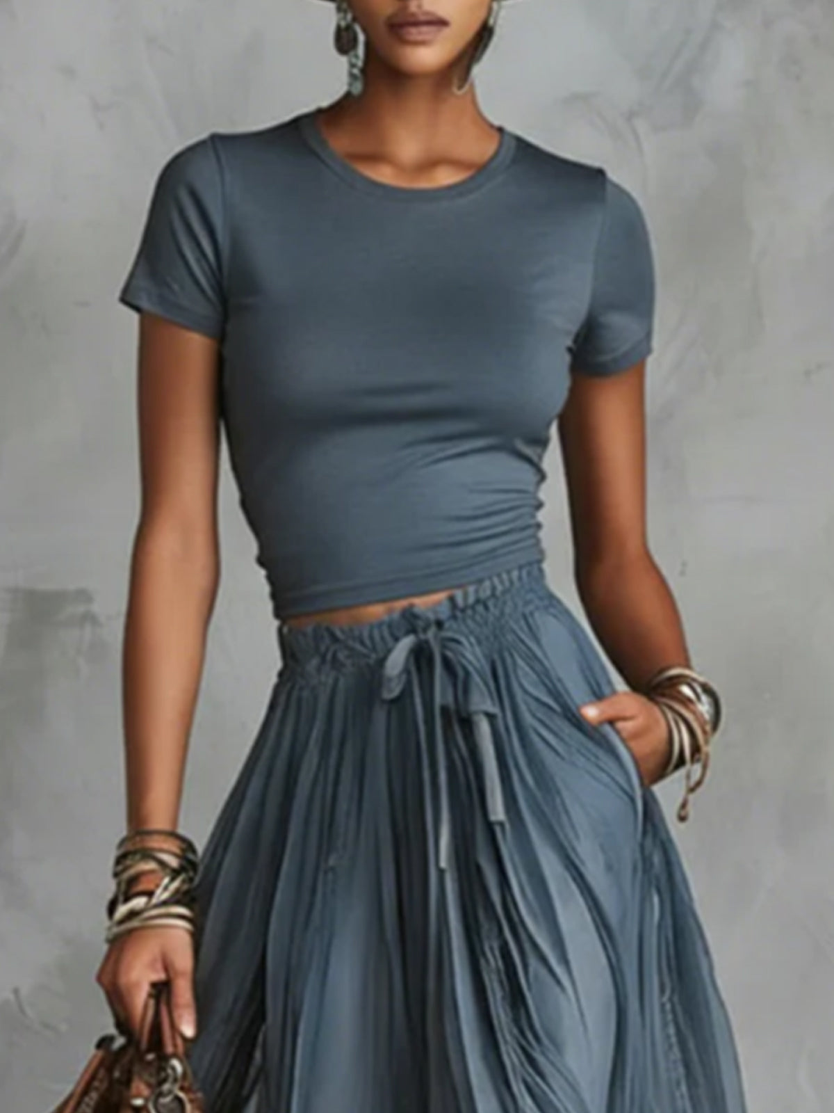 24-Hour-Shipping Brown Short Sleeve Shirt And Blue Lace-Trim Tulle Maxi Skirt Set