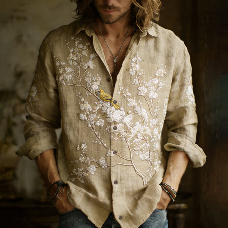 Men's Apricot Blossom With Bird Embroidery Painting Art Linen Shirt
