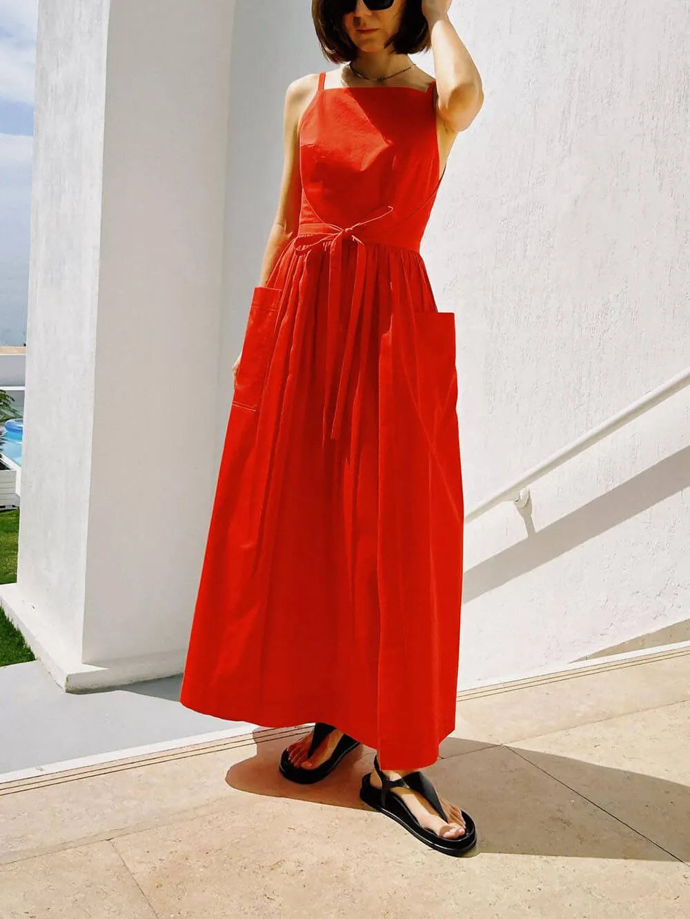Unique Side Slit Lace-Up Pocket Vest Dress