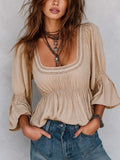 Retro Square-Neck Cotton-Linen Blouse With Lace Trim