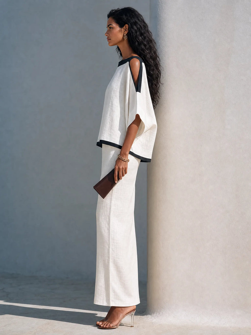 Women's Linen-Blend Batwing-Sleeve Top And Midi Skirt Two-Piece Set MDZ2993G0ZRK