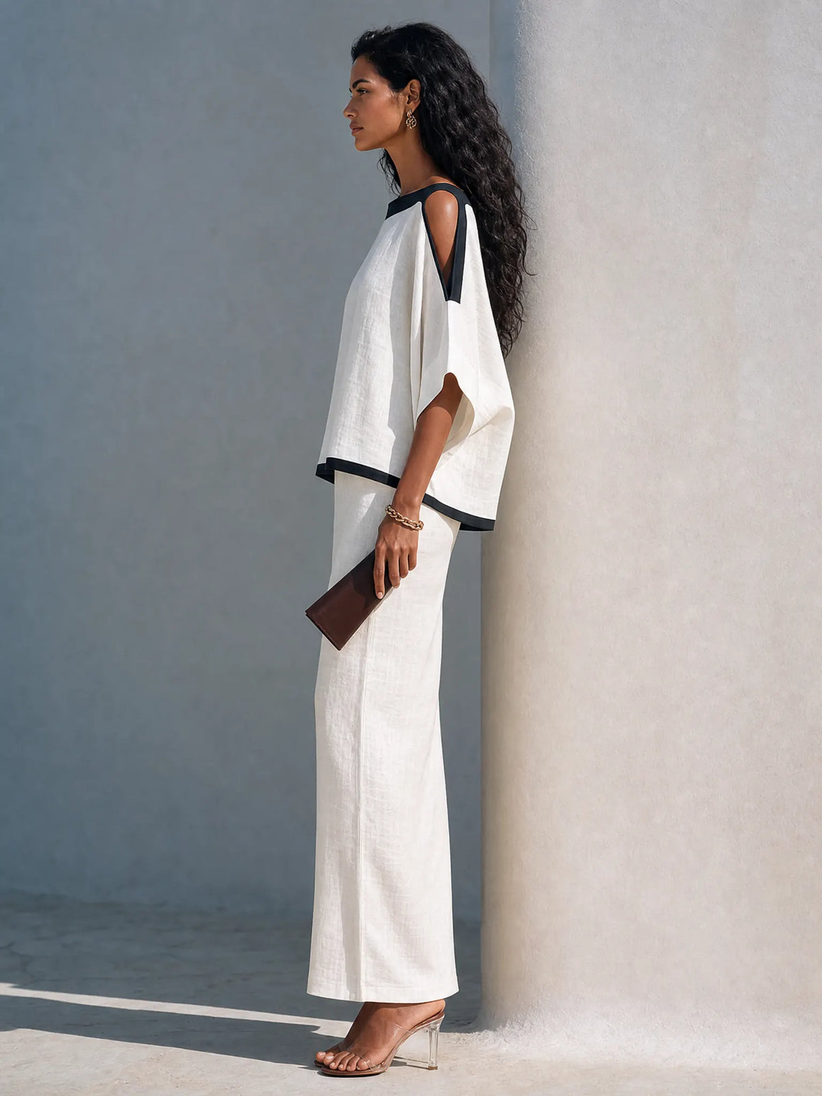 Women's Linen-Blend Batwing-Sleeve Top And Midi Skirt Two-Piece Set MDZ2993G0ZRK