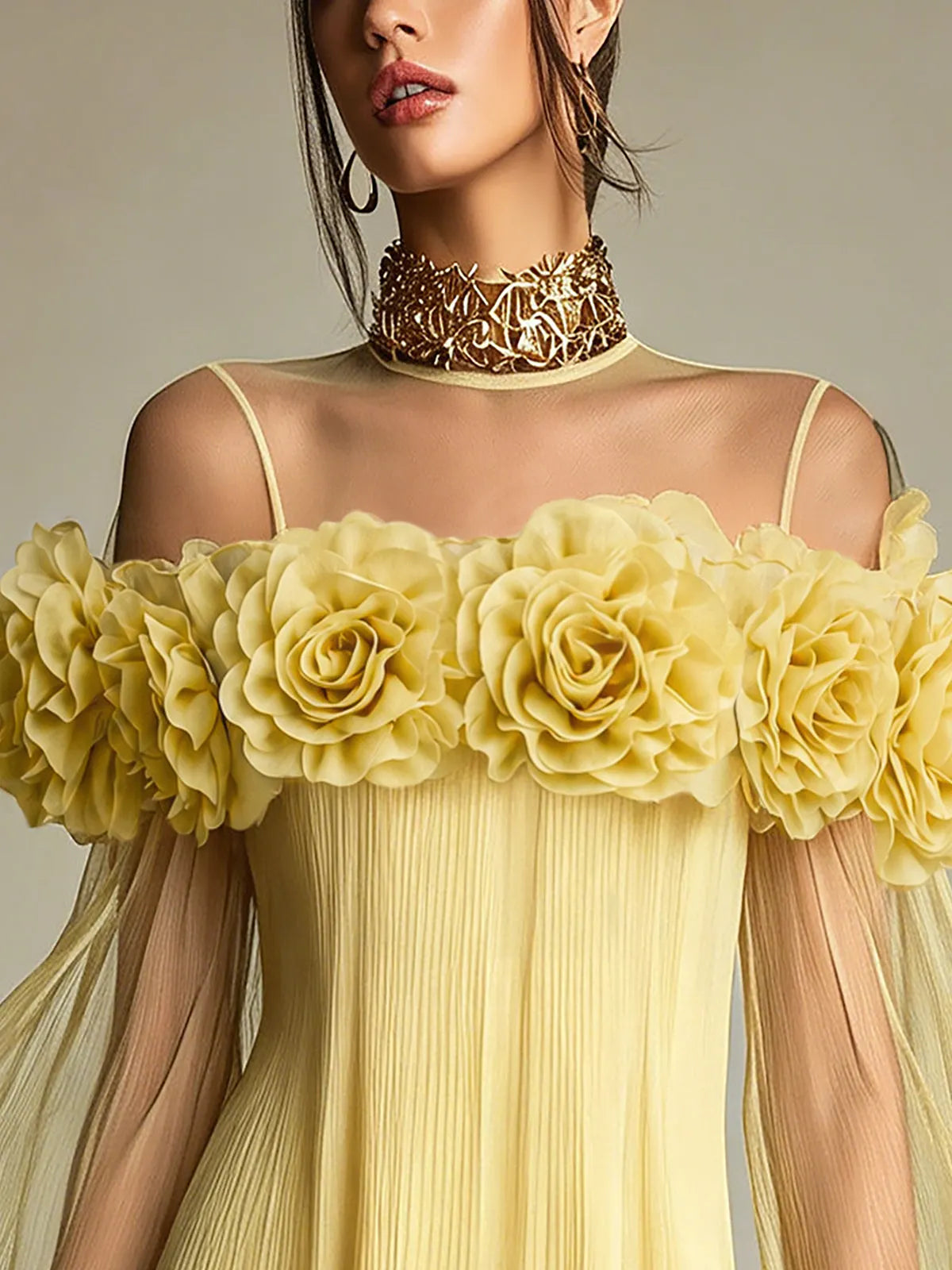 Yellow 3D Floral Pleated Chiffon Mini Dress