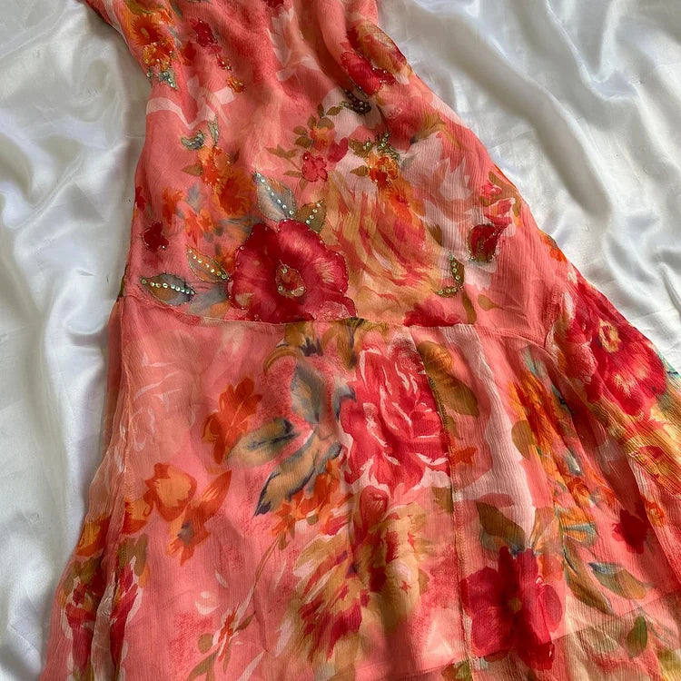 Orange Elegant Floral Long Chiffon Ball Gown Evening Dress Party Dress Prom Dress