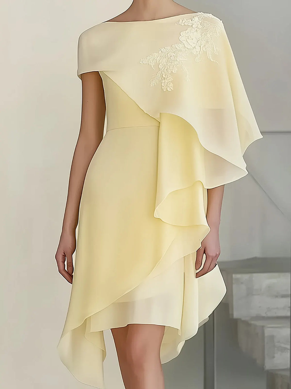 Pale Yellow Chiffon Dress with Cape Sleeves and Shoulder Embroidery