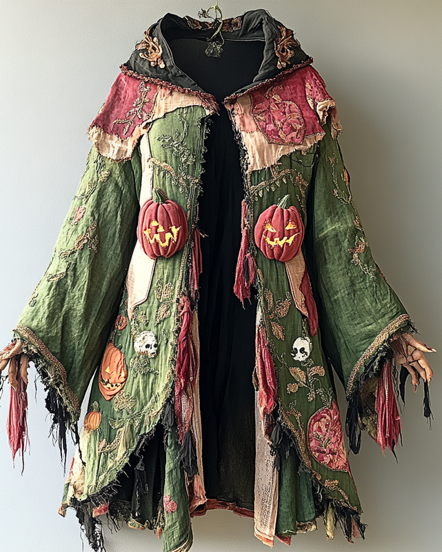 Floral and pumpkin head Halloween themed 3D embroidered cape coat 6dd1