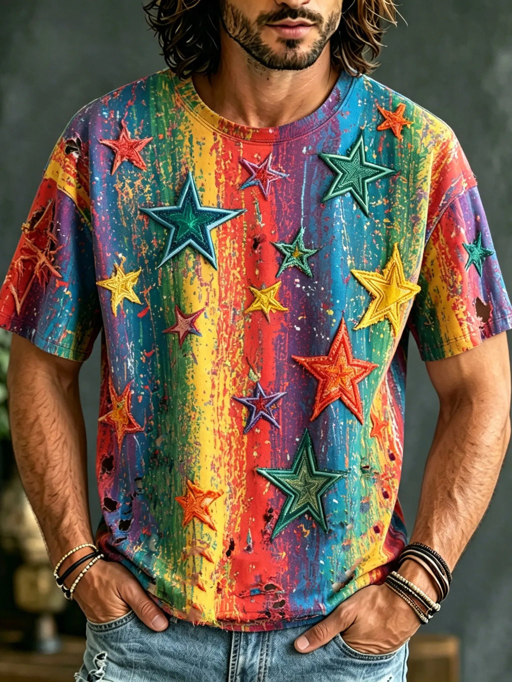 Men's Retro Bohemian Hippie Style Star Embroidered Print T-shirt