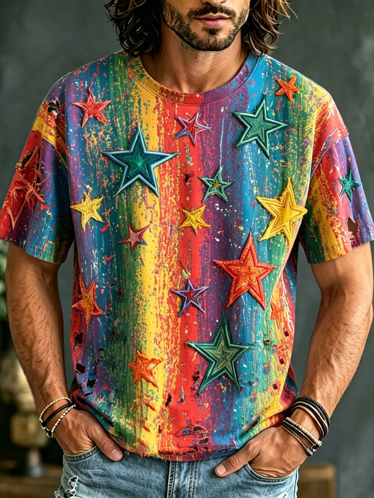 Men's Retro Bohemian Hippie Style Star Embroidered Print T-shirt