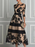 Black Lace Elegant A Line Midi Dress