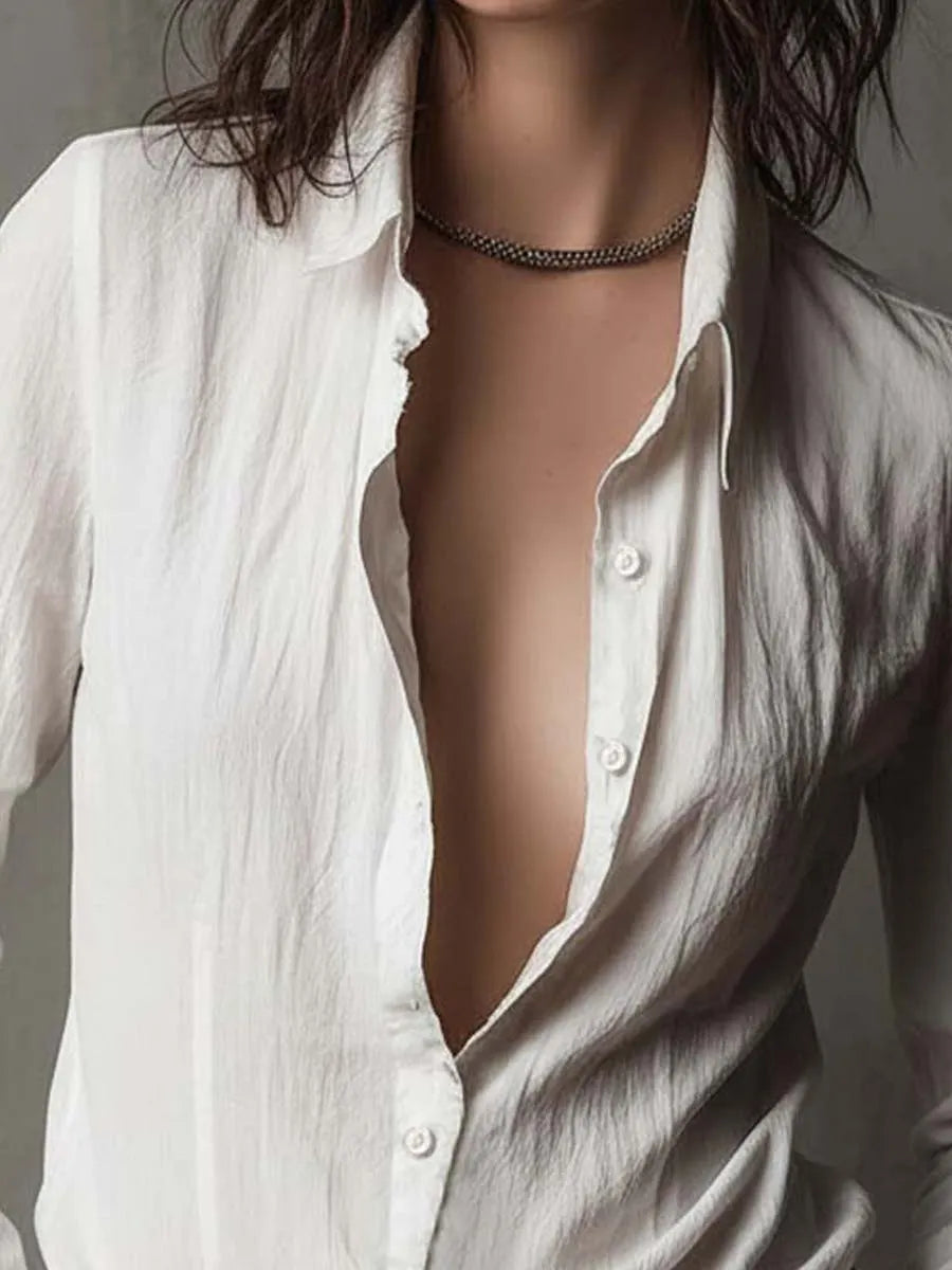 Vintage-Inspired White Button-Up Ruffle Cuff Shirt