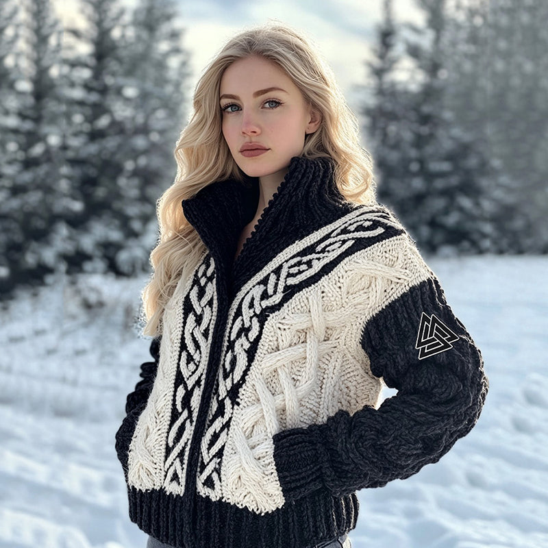 Women's Viking Tribal Jacquard Celtic Inspired Chunky Knit Zipper Cardigan