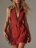 Lapel Zipper Tassel Faux Suede Sleeveless Mini Dress