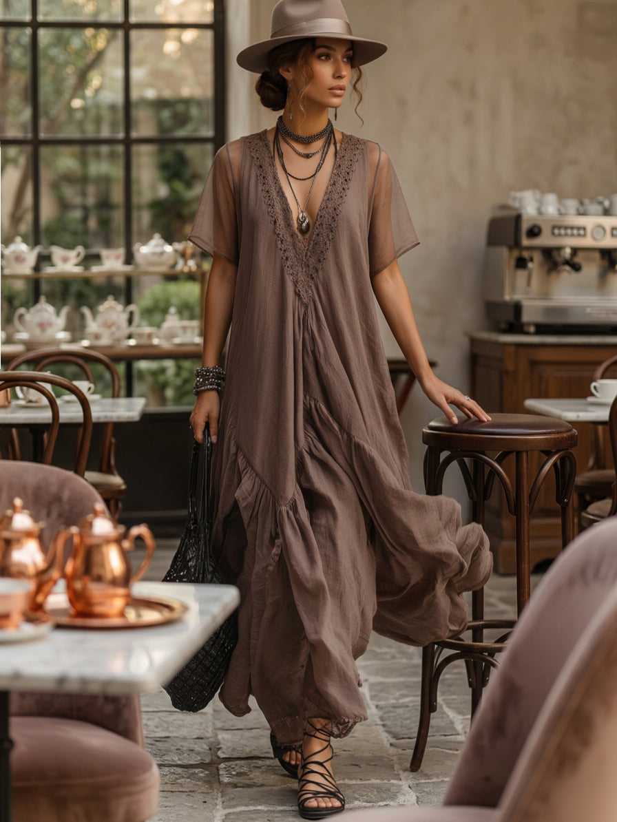 Taupe Linen Short Sleeve Maxi Dress