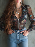 Vintage Sheer Butterfly Print Zip-Front Blouse With Puff Sleeves