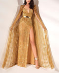 Women's Elegant Cape Belt Sequin Dress - 01