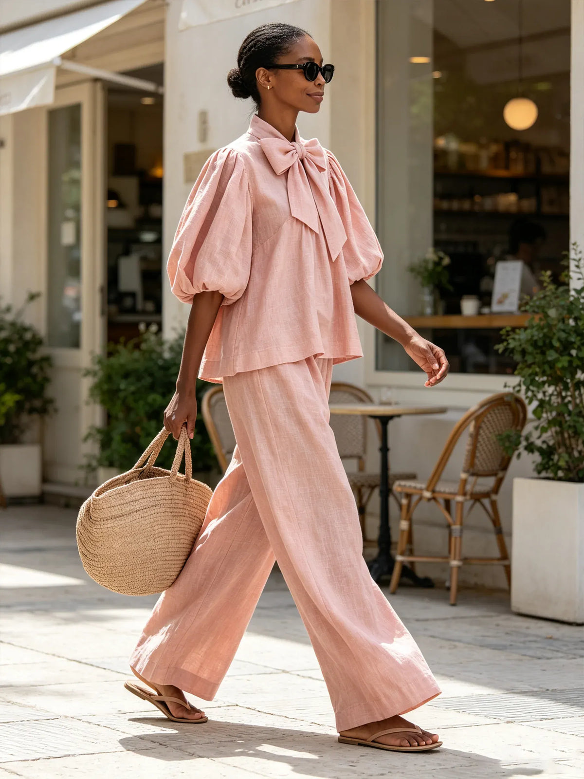 Blush Pink Linen-Blend Bow Tie Puff Sleeve Top & Wide-Leg Pants Set