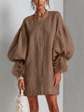 Brown Zip-Front Balloon Sleeve Mini Dress With Sheer Ruffle Cuffs