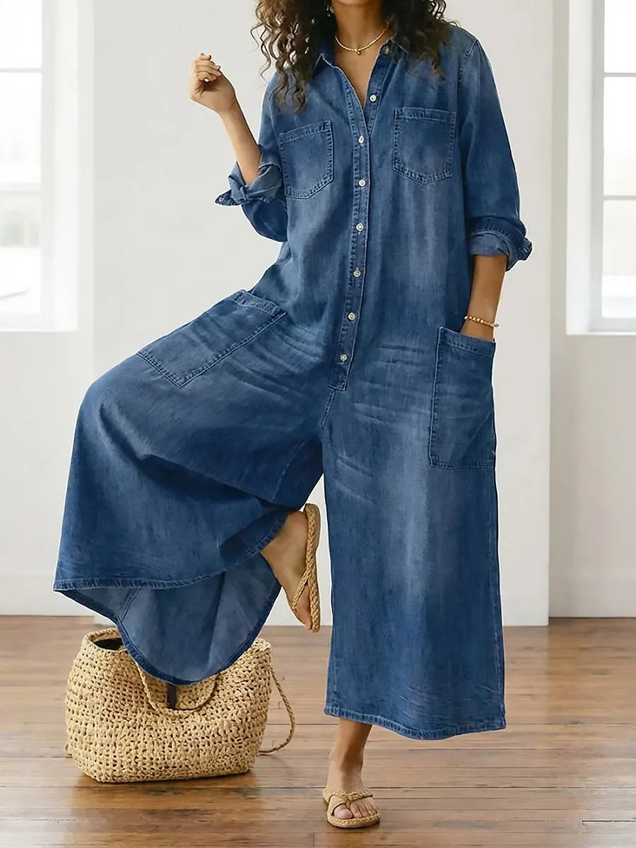 Denim Jumpsuit Women Cotton Button Front Vintage Washed